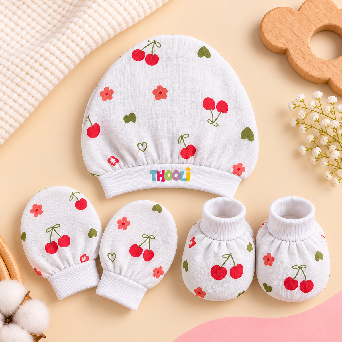 Cap Mitten Booties- Cherry Blossom