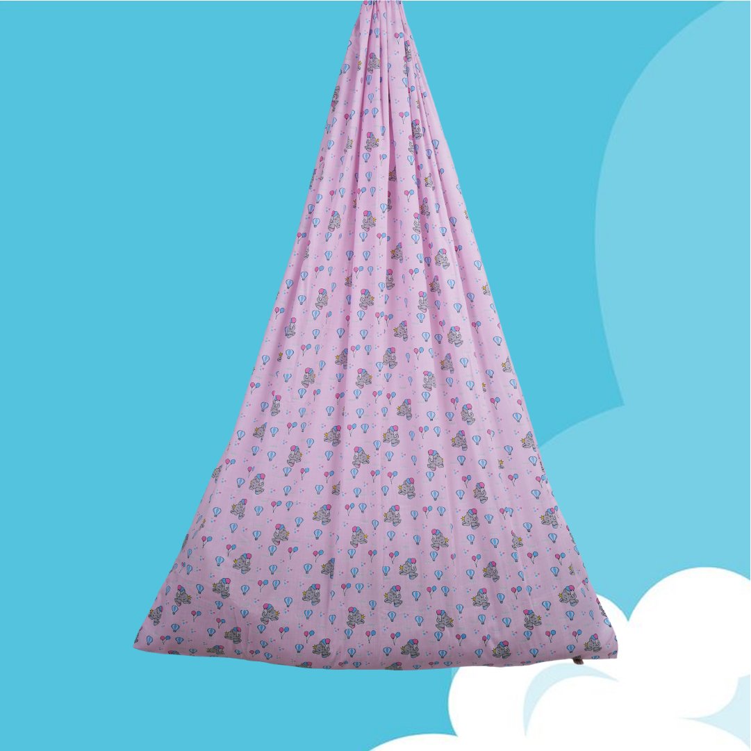 Safe Sleep Premium Cotton Cradle with Mosquito Net- Pink Baby Elephant