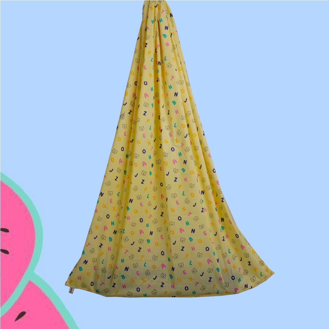 Safe Sleep Premium Cotton Cradle with Mosquito Net- Yellow Teddy & Alphabet