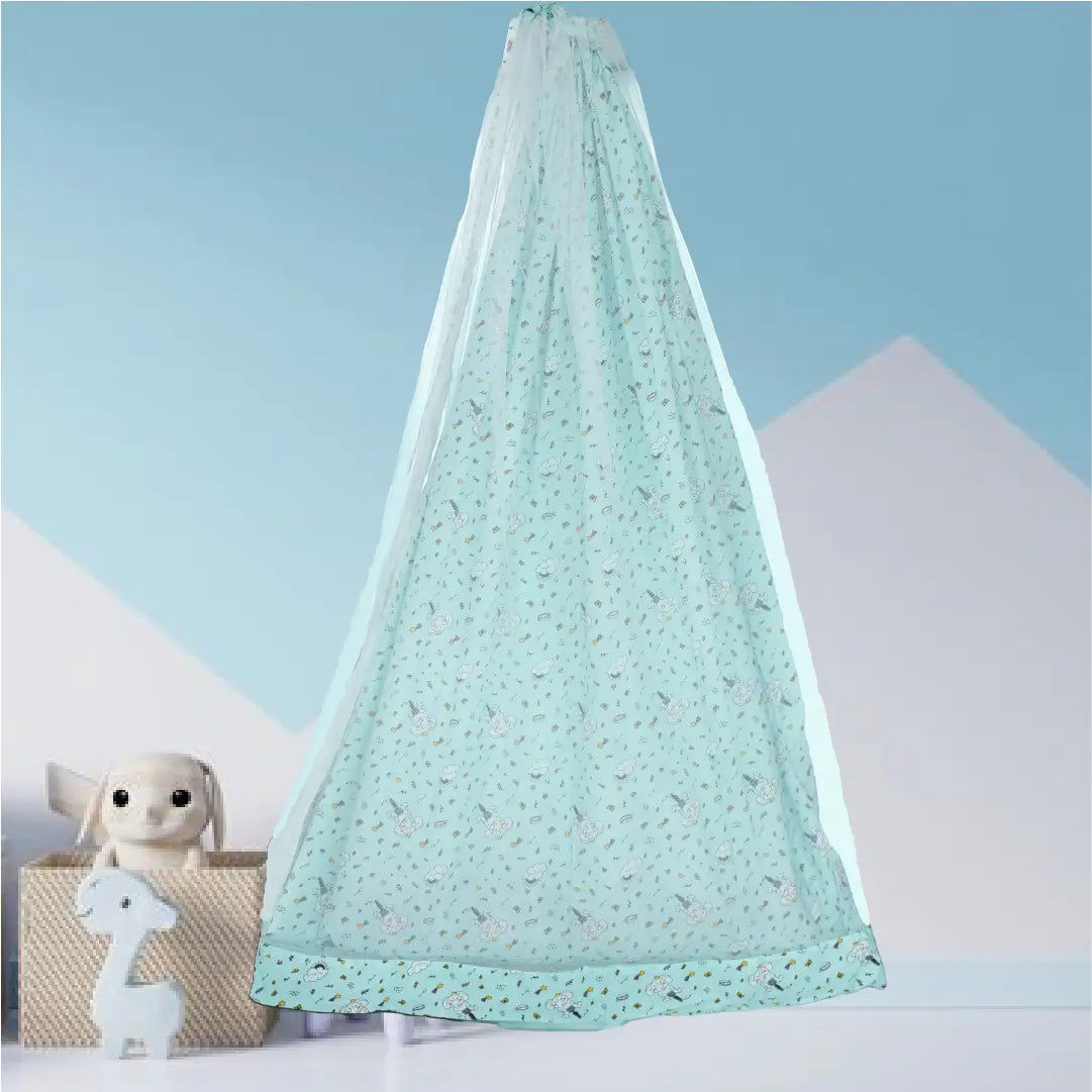 Safe Sleep Premium Cotton Cradle with Mosquito Net- Green Elephant & Cloud