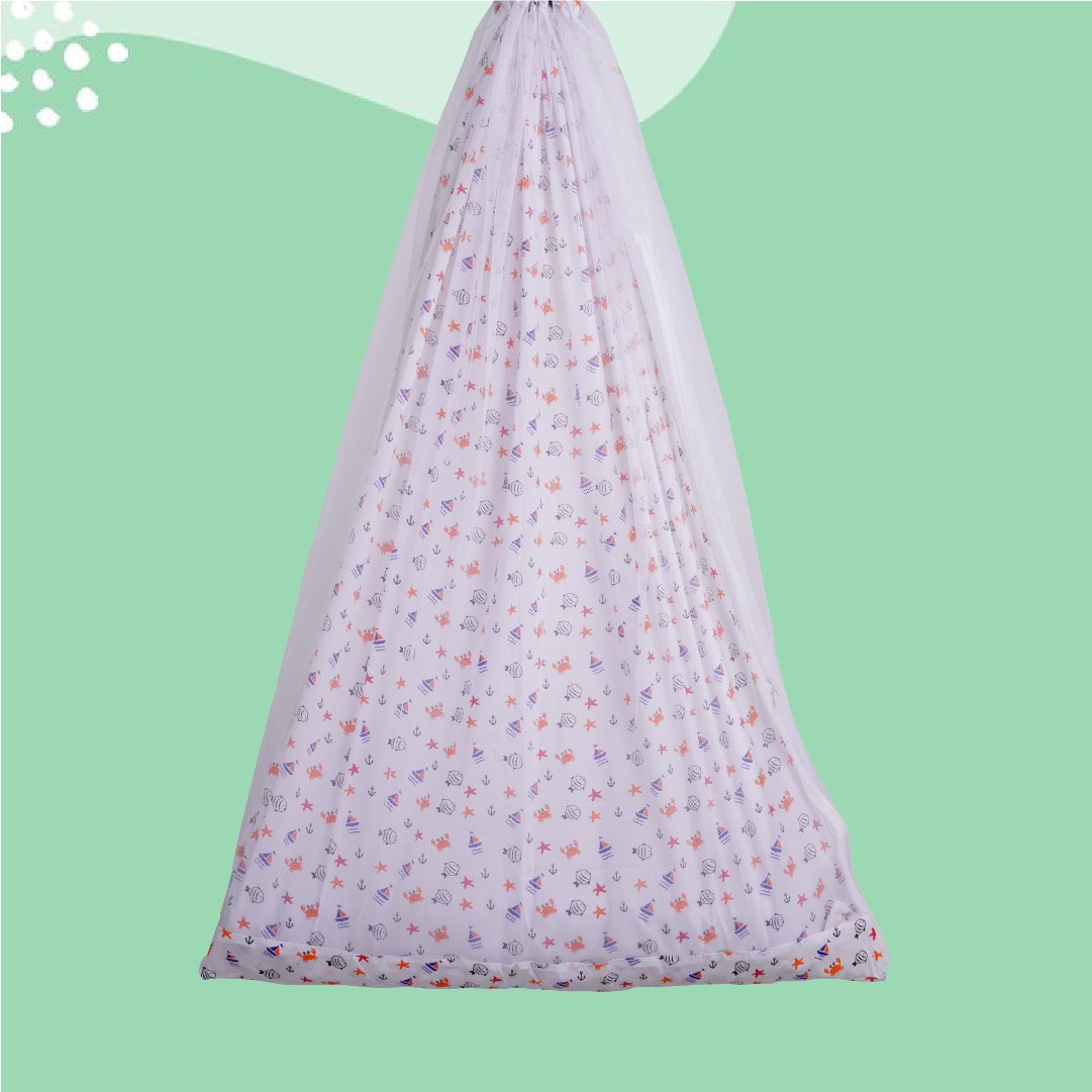 Safe Sleep Premium Cotton Cradle with Mosquito Net-White Sea