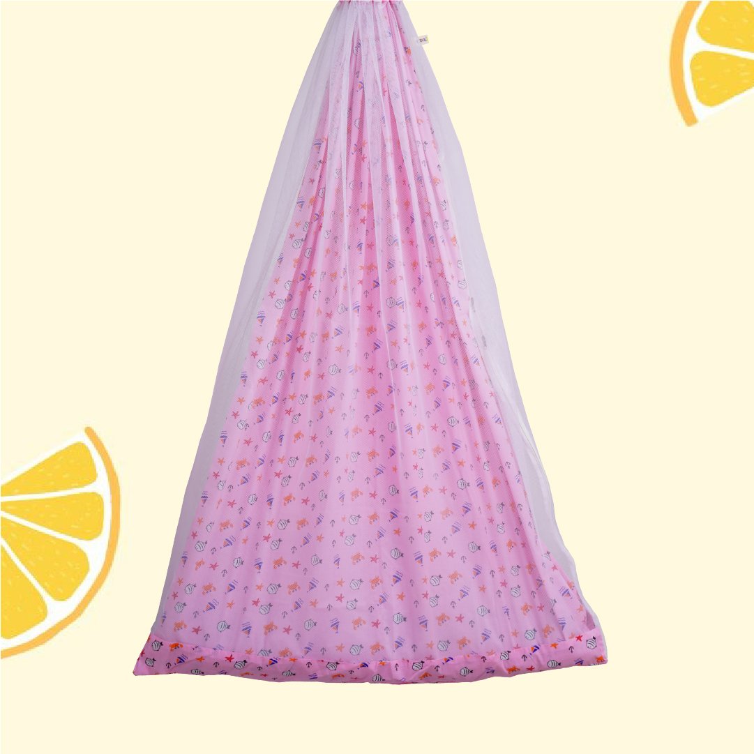 Safe Sleep Premium Cotton Cradle with Mosquito Net- Pink Sea