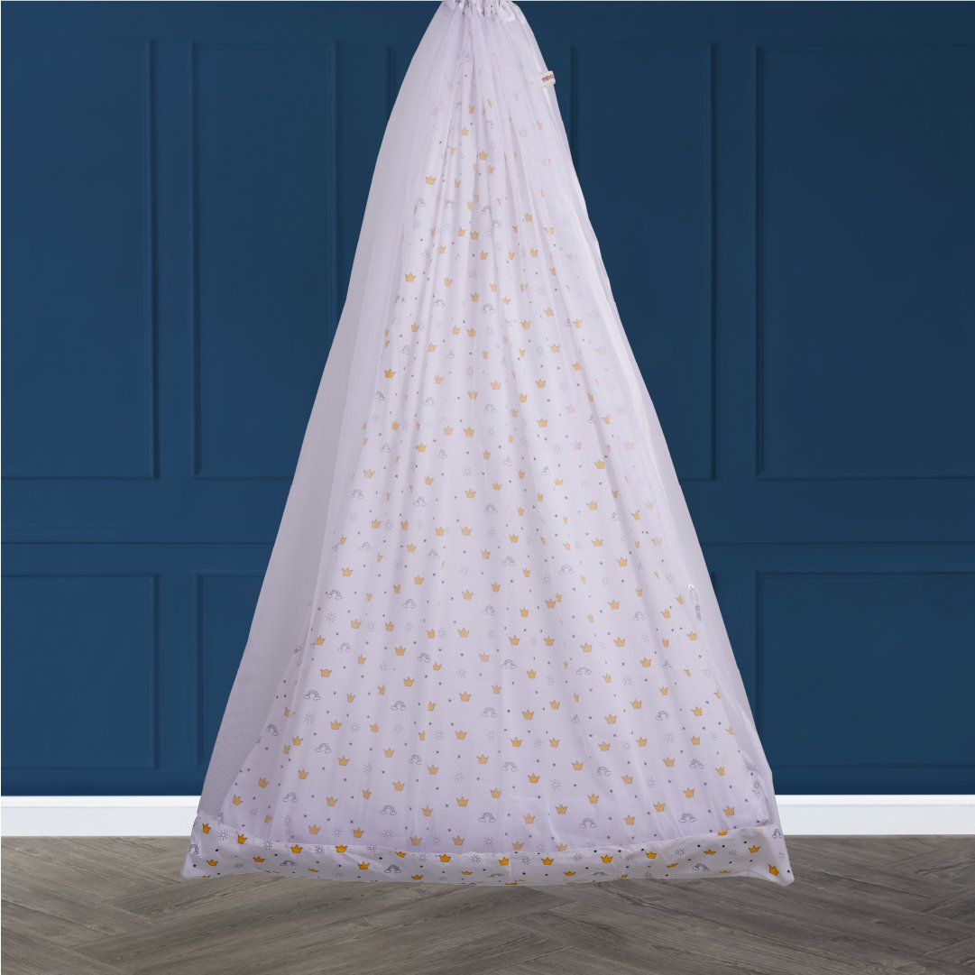 Safe Sleep Premium Cotton Cradle with Mosquito Net- White Crown & Rainbow