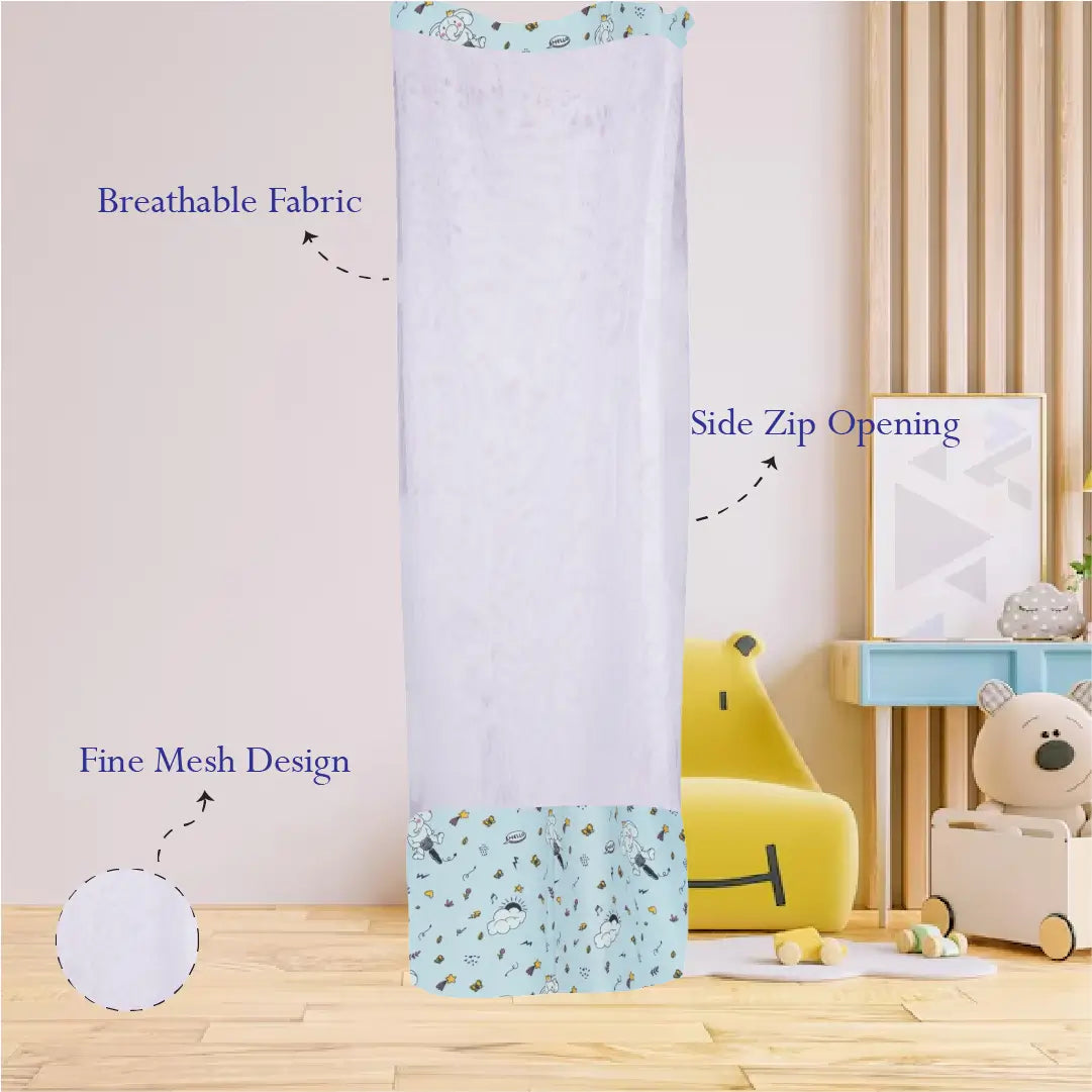 Safe Sleep Premium Cotton Cradle with Mosquito Net- Green Elephant & Cloud