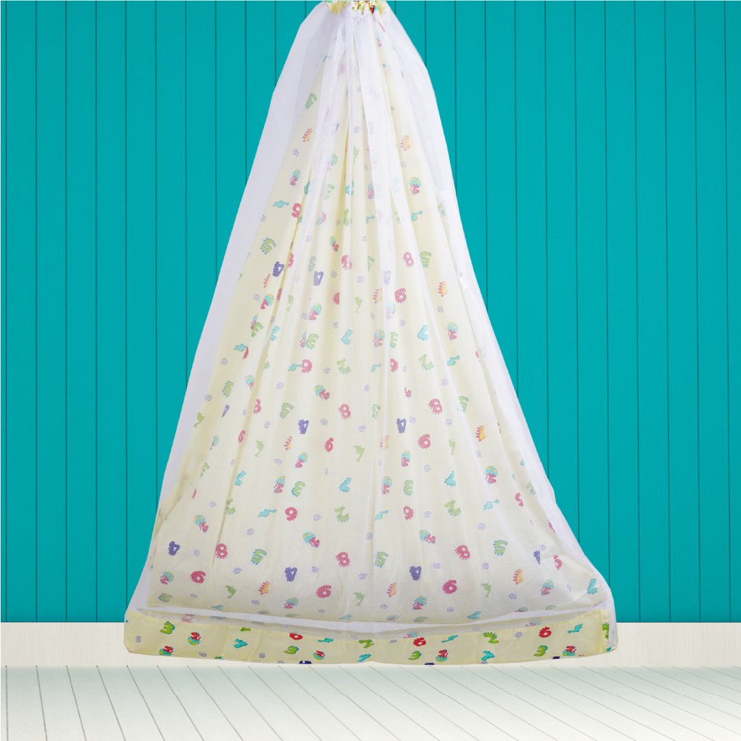 Safe Sleep Premium Cotton Cradle with Mosquito Net- Yellow Dino & Numeric