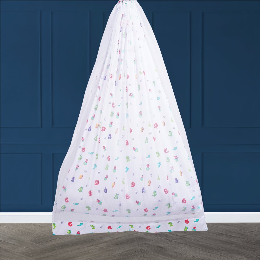Safe Sleep Premium Cotton Cradle with Mosquito Net- White Dino & Numeric