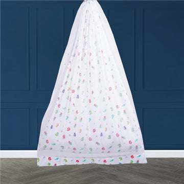 Safe Sleep Premium Cotton Cradle with Mosquito Net- White Dino & Numeric