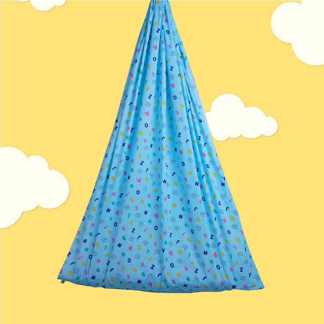 Safe Sleep Premium Cotton Cradle with Mosquito Net- Blue Teddy & Alphabet