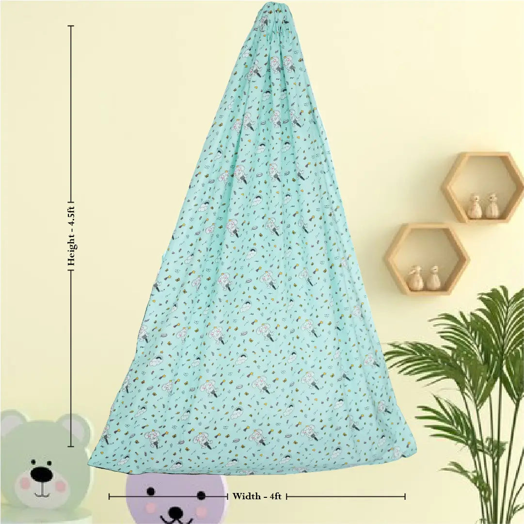 Safe Sleep Premium Cotton Cradle with Mosquito Net- Green Elephant & Cloud