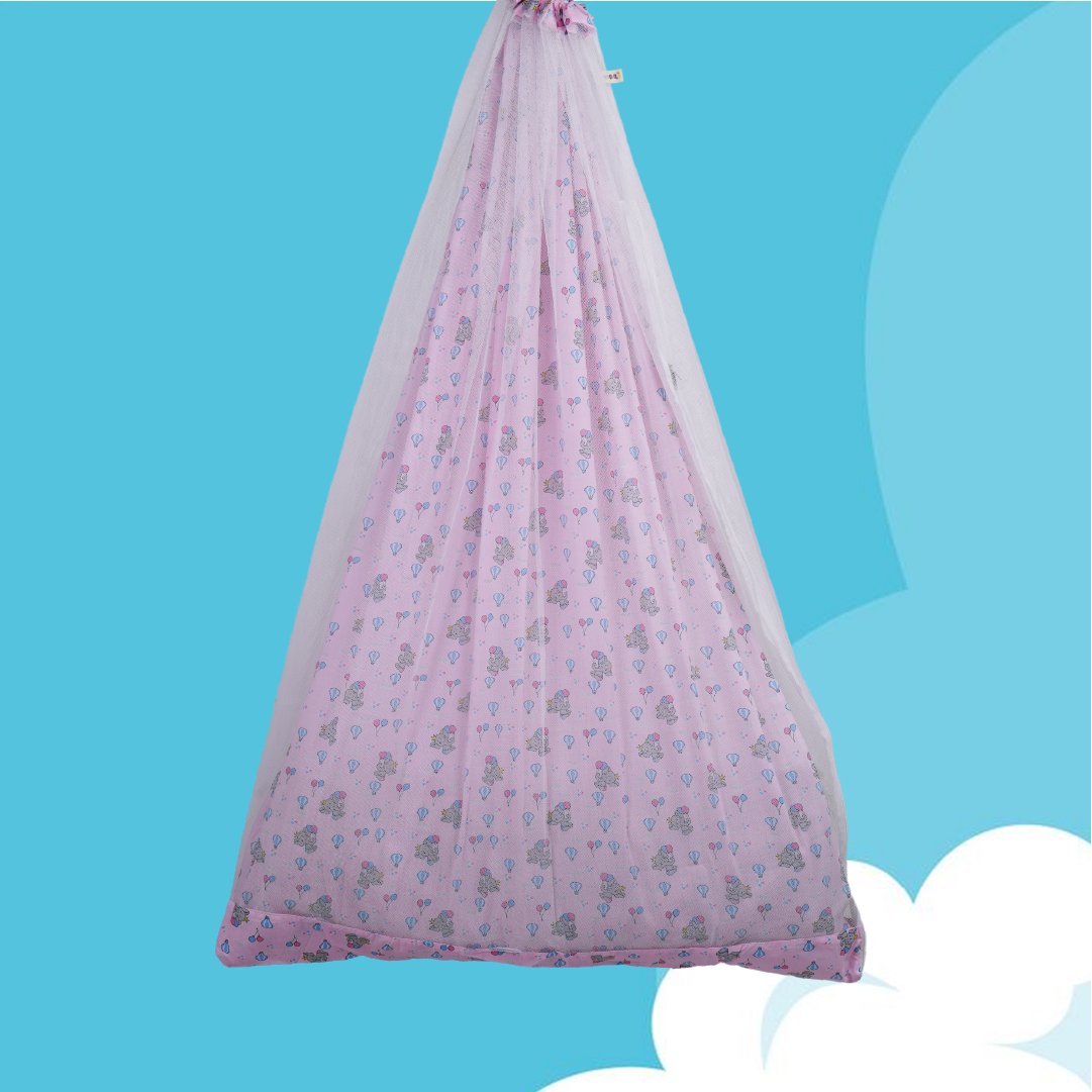 Pink Baby Elephant Cradle with Net & Wall Hanger Set