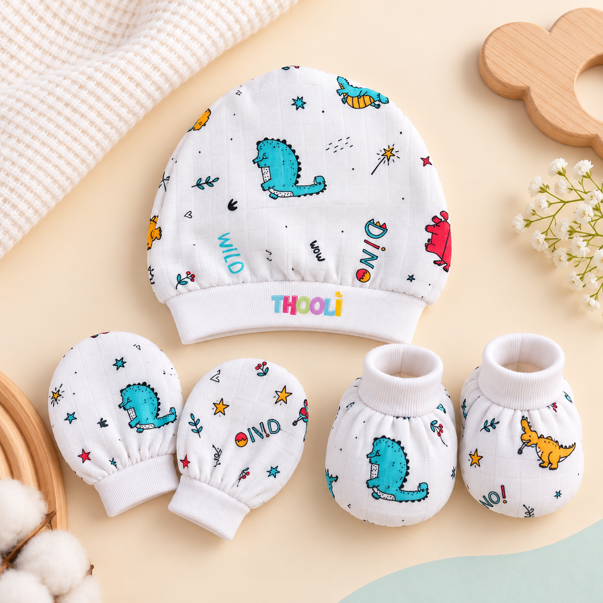 Cap Mitten Booties-Dino