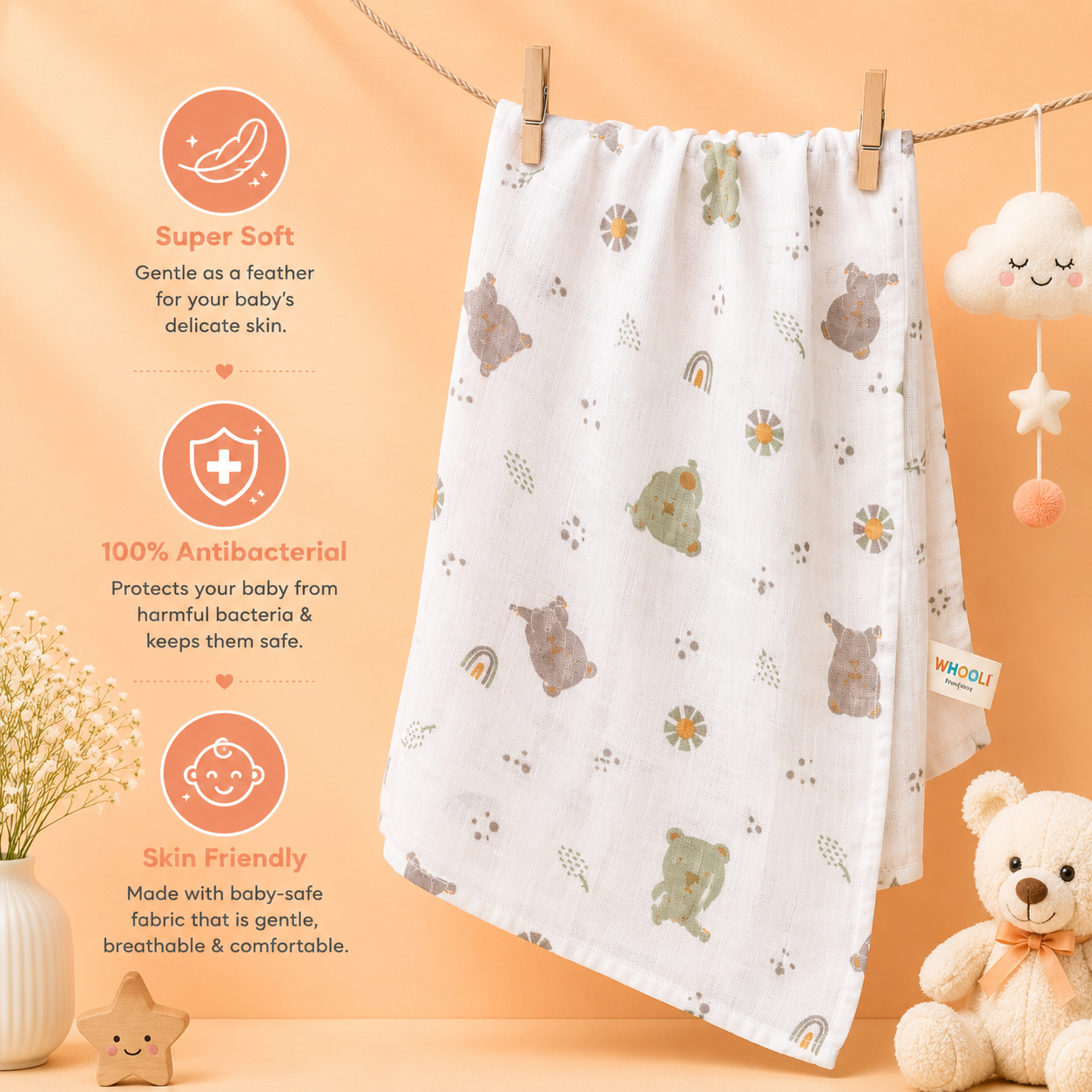 Premium Muslin Swaddle - Teddy and Cloud
