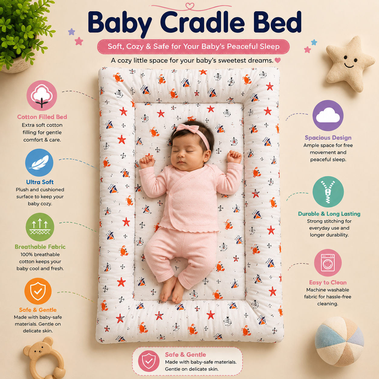 Soft Cozy Cradle Bed- White Ocean World