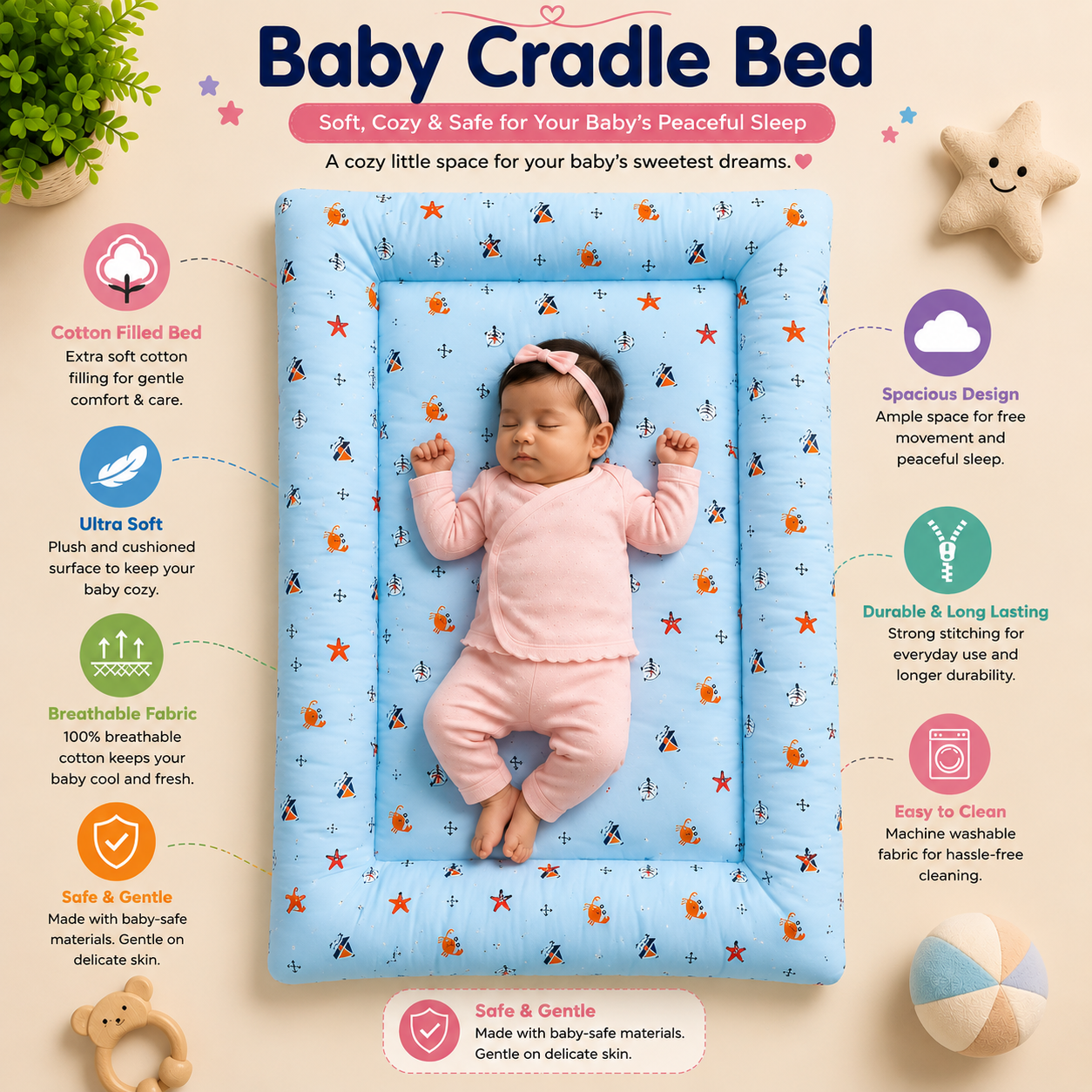 Soft Cozy Cradle Bed- Blue Ocean World
