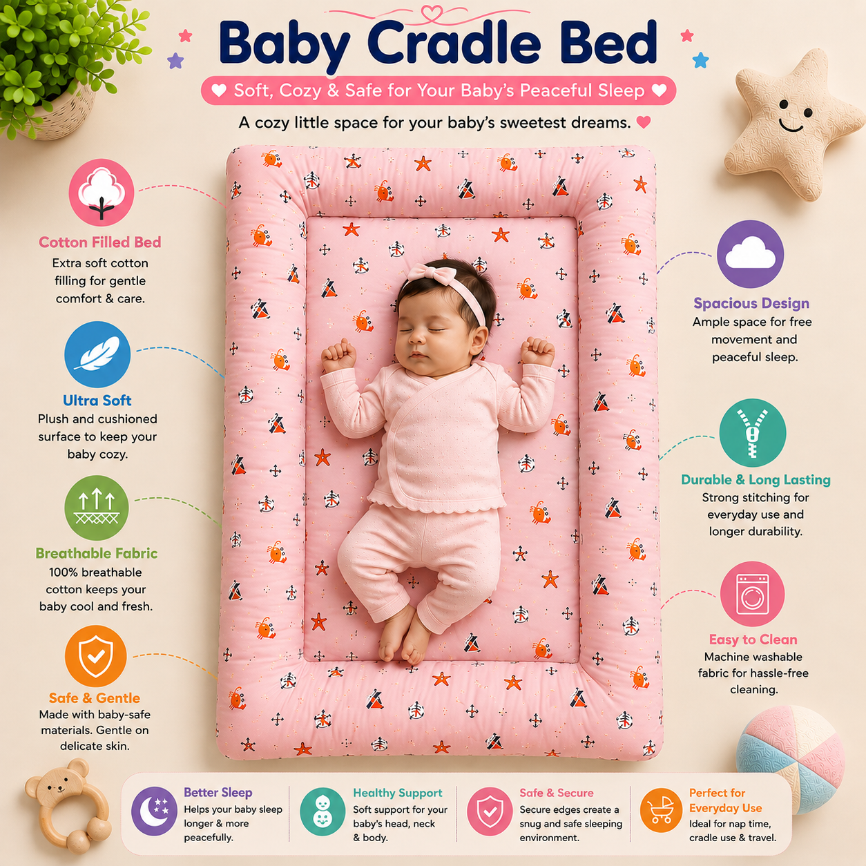 Soft Cozy Cradle Bed- Pink Ocean World